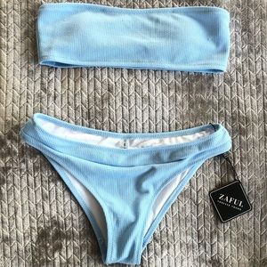 Zaful Ribbed Bandeau Bikini Set Light Blue